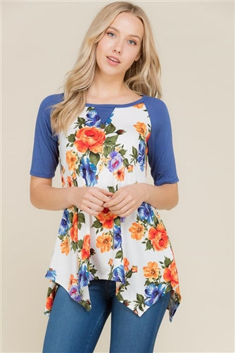 Solid Sleeve Floral Knit Top